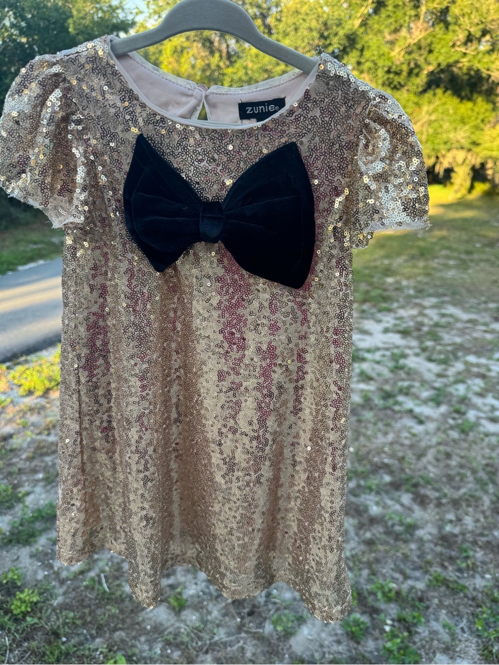 Zunie Girls Gold Sequin Dress with Black Velvet Bow